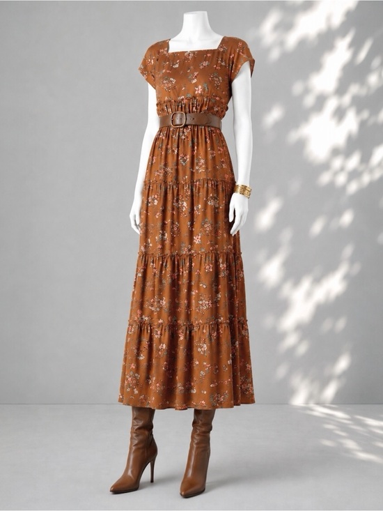 NATURAL LIFE Dresses & Skirts - Natural Life Berkley Brown Floral Tiered Maxi Dress L Boho Cottagecore Travel